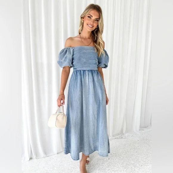 Off-Shoulder Balloon Sleeve Denim Dress - Picture 3 of 5